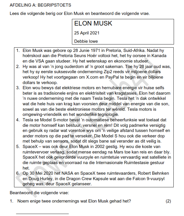 Gr 6 - Afrikaans Vraestel - Elon Musk