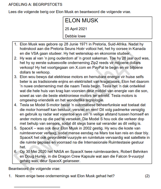 Gr 6 - Afrikaans Vraestel -  Elon Musk